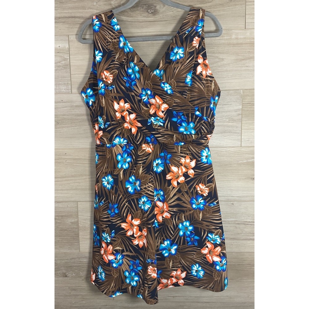 NEW Lands' End Women Tummy Control Surplice Swim Dress 1 Piece Sz 18 DD Tropical